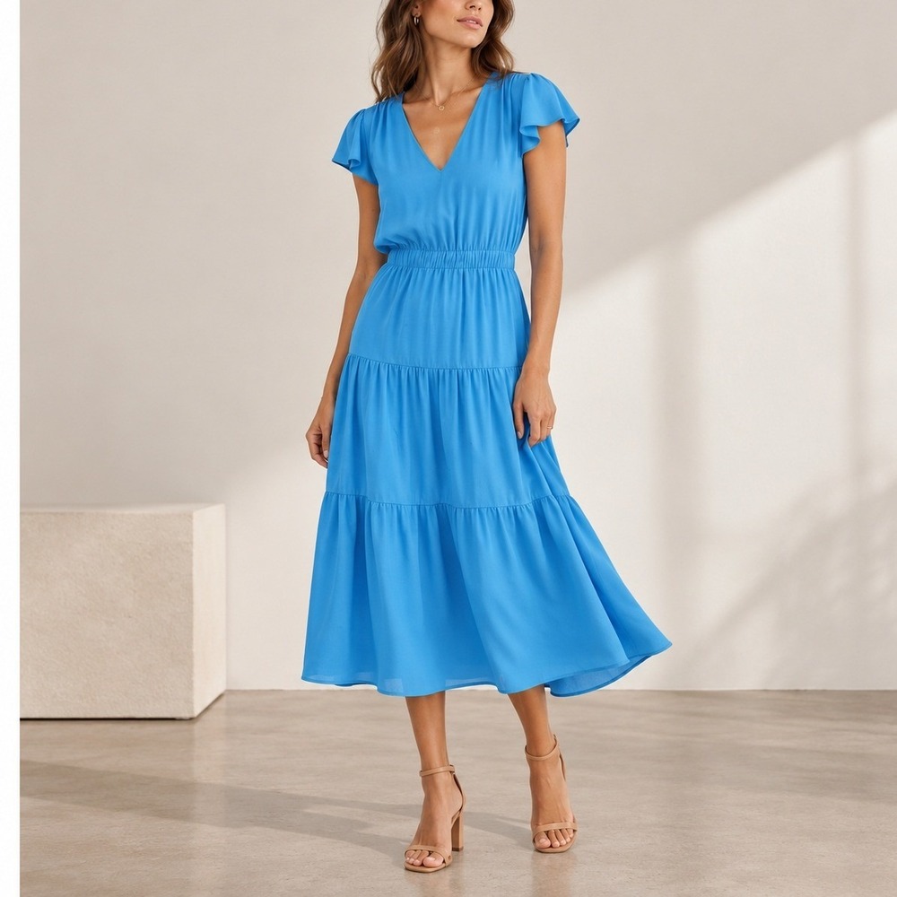 Amanda Uprichard Meredith Dress Women's Small Blue V Neck Tiered Flutter Sleeve